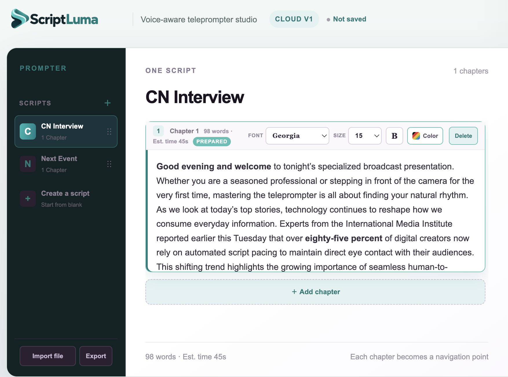 ScriptLuma editor view with chapter list and rich text editing